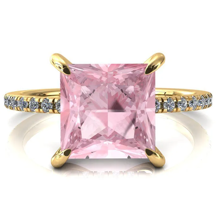 Rings Mayeli Princess Pink Sapphire 4 Claw Prong Micro Pave Diamond Sides Engagement Ring Fire Brilliance 