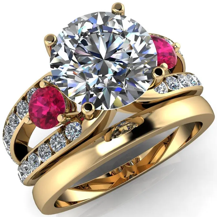 Rings Orion Round Center Stone 2 Round Ruby Sides Split Shank Diamond Channel Set Ring Fire Brilliance 