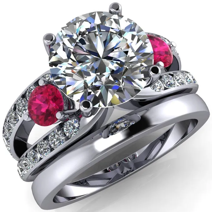 Rings Orion Round Center Stone 2 Round Ruby Sides Split Shank Diamond Channel Set Ring Fire Brilliance 