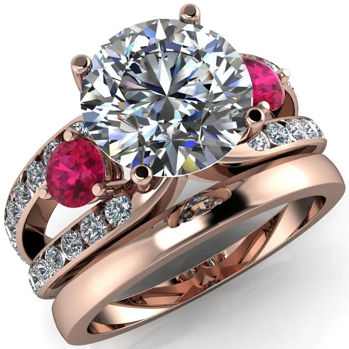 Rings Orion Round Center Stone 2 Round Ruby Sides Split Shank Diamond Channel Set Ring Fire Brilliance 