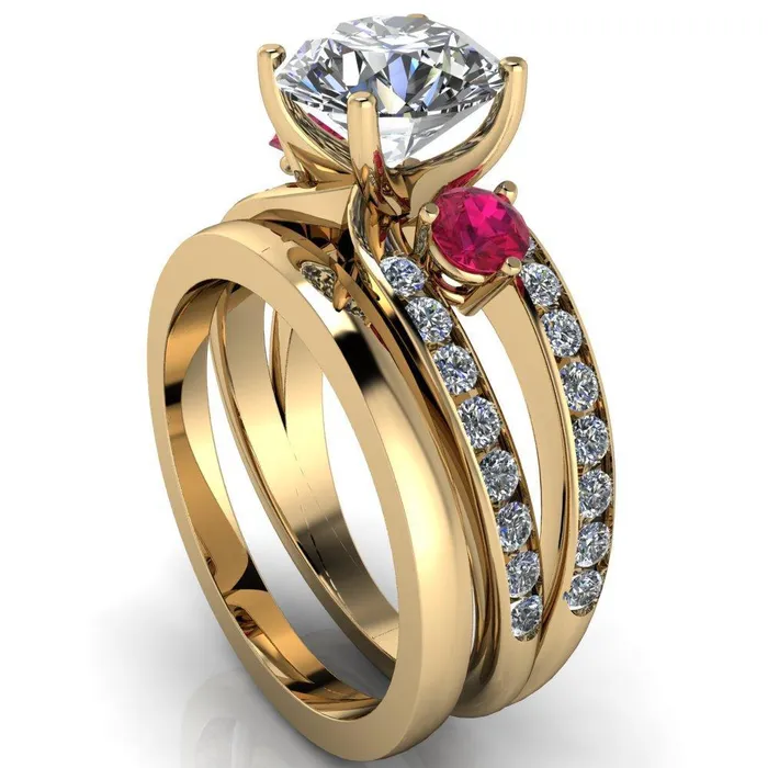 Rings Orion Round Center Stone 2 Round Ruby Sides Split Shank Diamond Channel Set Ring Fire Brilliance 