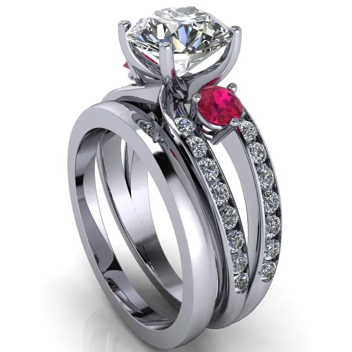 Rings Orion Round Center Stone 2 Round Ruby Sides Split Shank Diamond Channel Set Ring Fire Brilliance 