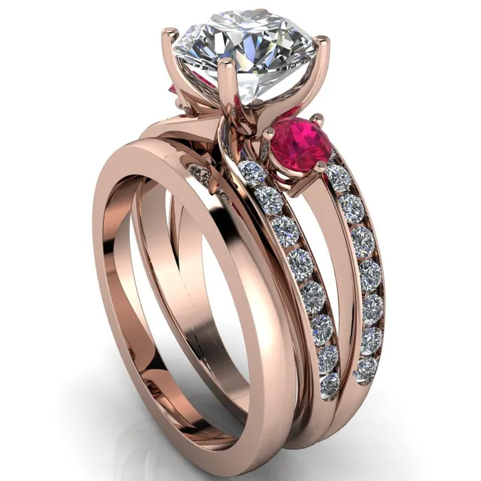 Rings Orion Round Center Stone 2 Round Ruby Sides Split Shank Diamond Channel Set Ring Fire Brilliance 