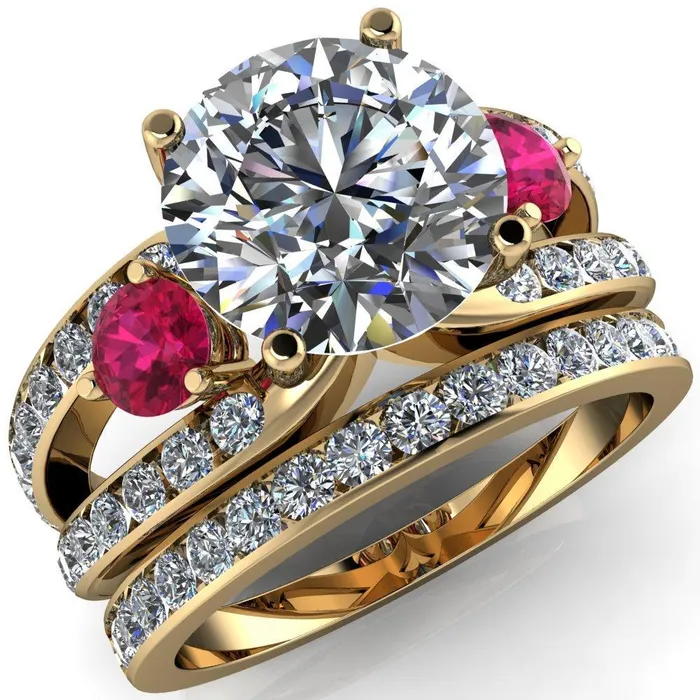 Rings Orion Round Center Stone 2 Round Ruby Sides Split Shank Diamond Channel Set Ring Fire Brilliance 