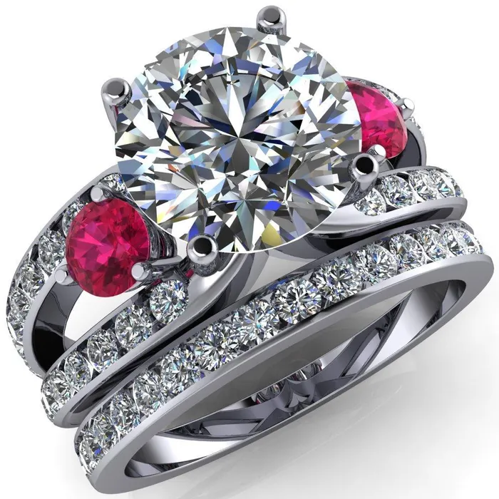 Rings Orion Round Center Stone 2 Round Ruby Sides Split Shank Diamond Channel Set Ring Fire Brilliance 