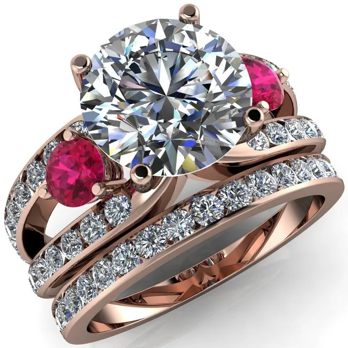 Rings Orion Round Center Stone 2 Round Ruby Sides Split Shank Diamond Channel Set Ring Fire Brilliance 