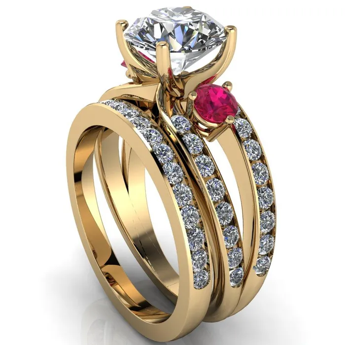 Rings Orion Round Center Stone 2 Round Ruby Sides Split Shank Diamond Channel Set Ring Fire Brilliance 