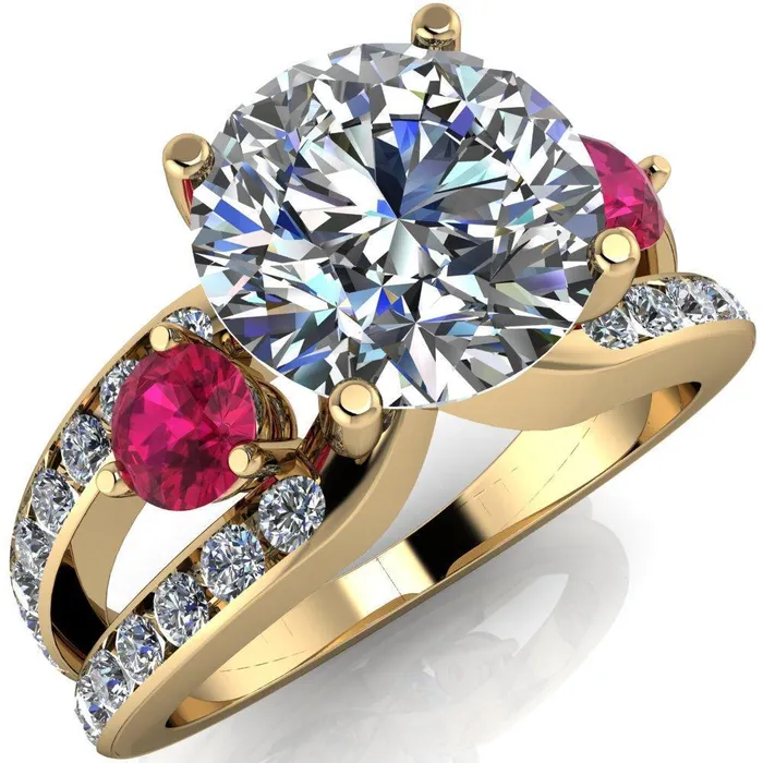 Rings Orion Round Center Stone 2 Round Ruby Sides Split Shank Diamond Channel Set Ring Fire Brilliance 