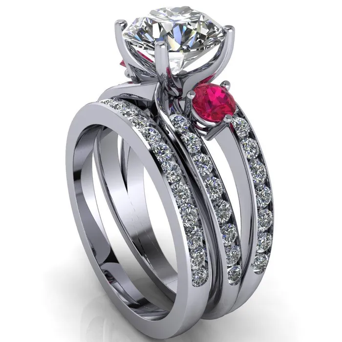 Rings Orion Round Center Stone 2 Round Ruby Sides Split Shank Diamond Channel Set Ring Fire Brilliance 