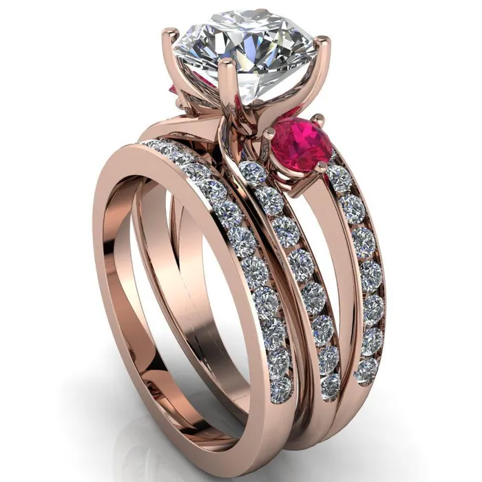 Rings Orion Round Center Stone 2 Round Ruby Sides Split Shank Diamond Channel Set Ring Fire Brilliance 