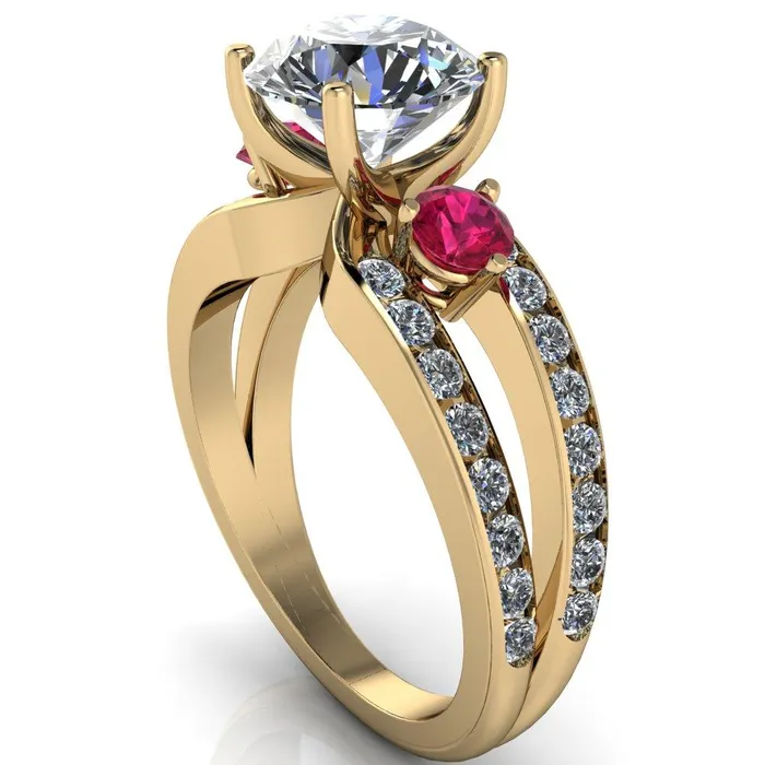 Rings Orion Round Center Stone 2 Round Ruby Sides Split Shank Diamond Channel Set Ring Fire Brilliance 