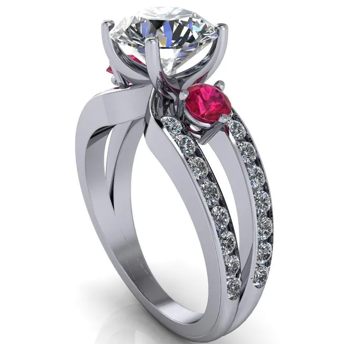 Rings Orion Round Center Stone 2 Round Ruby Sides Split Shank Diamond Channel Set Ring Fire Brilliance 