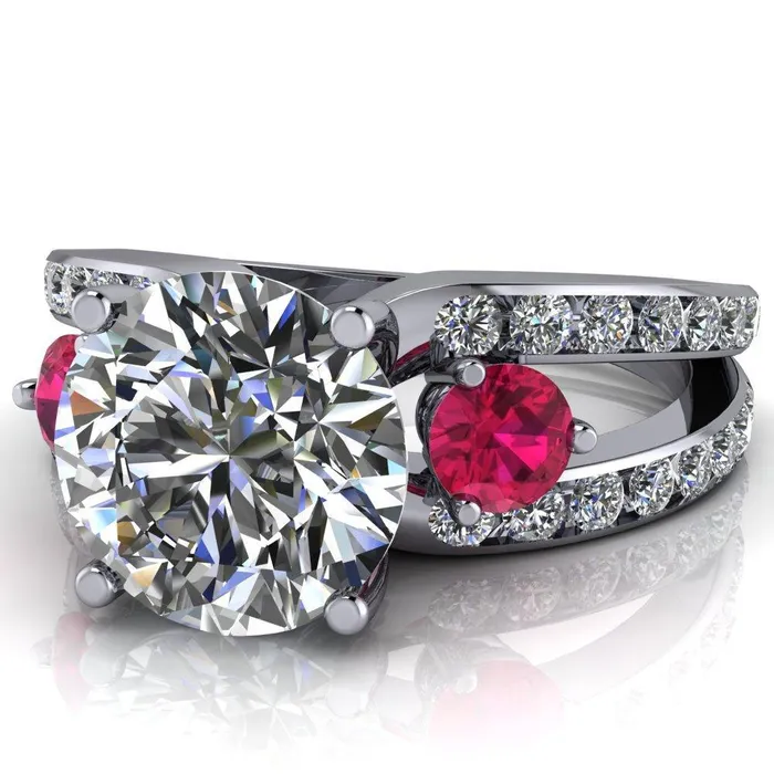 Rings Orion Round Center Stone 2 Round Ruby Sides Split Shank Diamond Channel Set Ring Fire Brilliance 