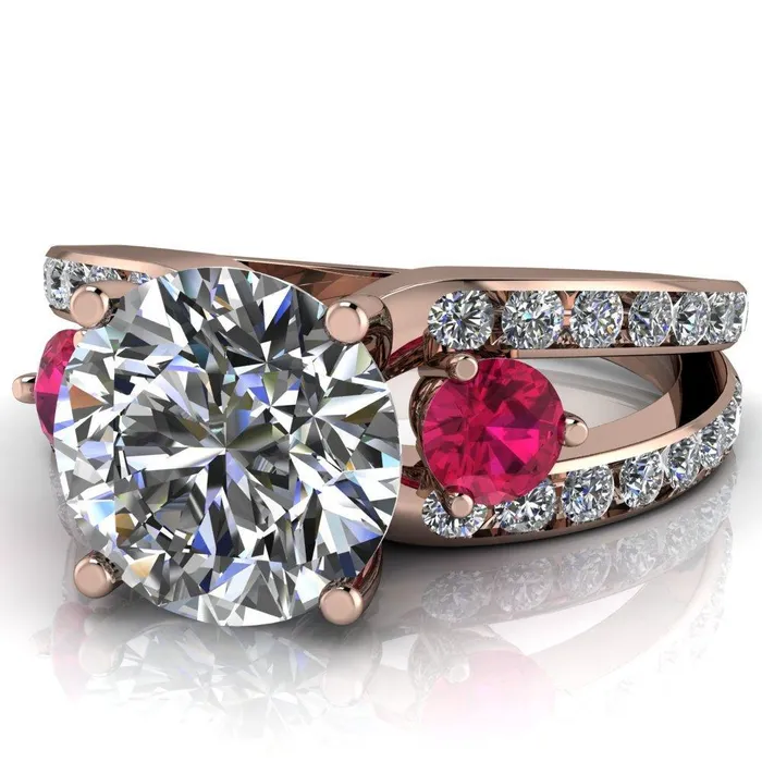 Rings Orion Round Center Stone 2 Round Ruby Sides Split Shank Diamond Channel Set Ring Fire Brilliance 