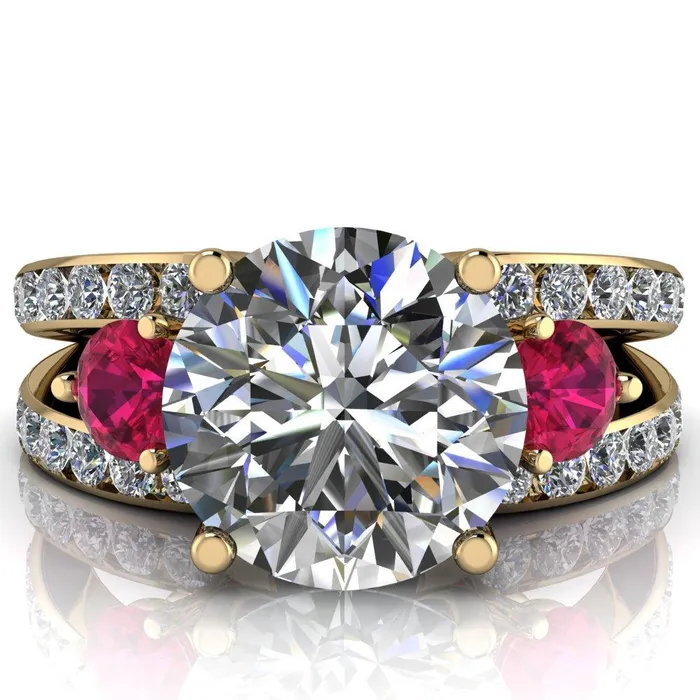 Rings Orion Round Center Stone 2 Round Ruby Sides Split Shank Diamond Channel Set Ring Fire Brilliance 