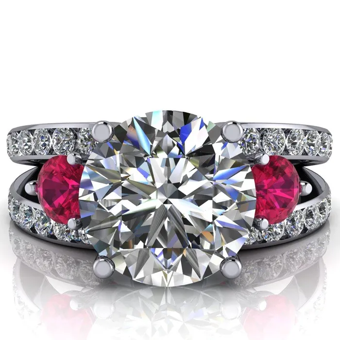 Rings Orion Round Center Stone 2 Round Ruby Sides Split Shank Diamond Channel Set Ring Fire Brilliance 