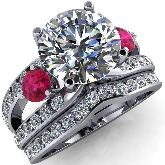 Rings Orion Round Center Stone 2 Round Ruby Sides Split Shank Diamond Channel Set Ring Fire Brilliance 