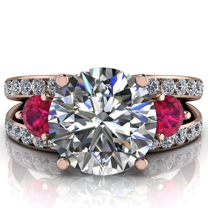 Rings Orion Round Center Stone 2 Round Ruby Sides Split Shank Diamond Channel Set Ring Fire Brilliance 