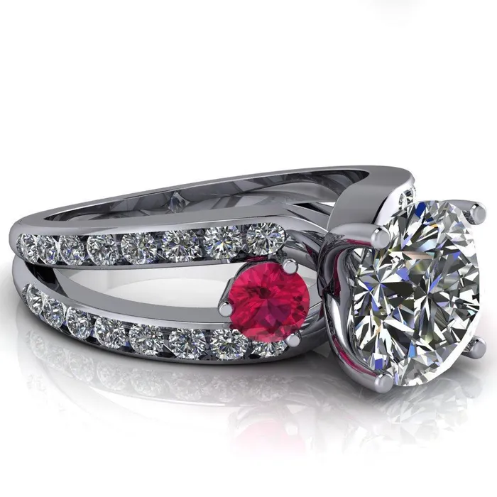 Rings Orion Round Center Stone 2 Round Ruby Sides Split Shank Diamond Channel Set Ring Fire Brilliance 