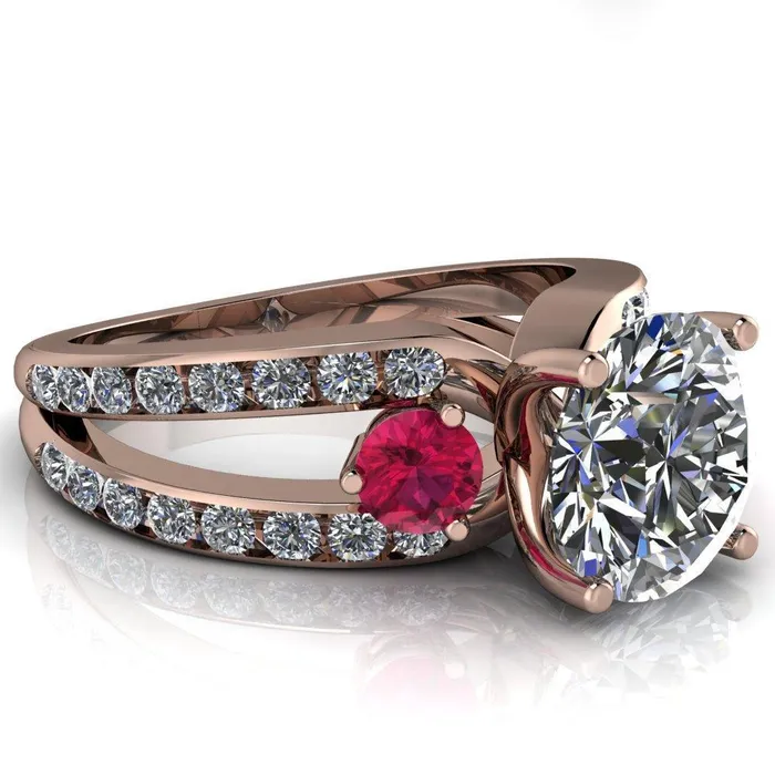 Rings Orion Round Center Stone 2 Round Ruby Sides Split Shank Diamond Channel Set Ring Fire Brilliance 