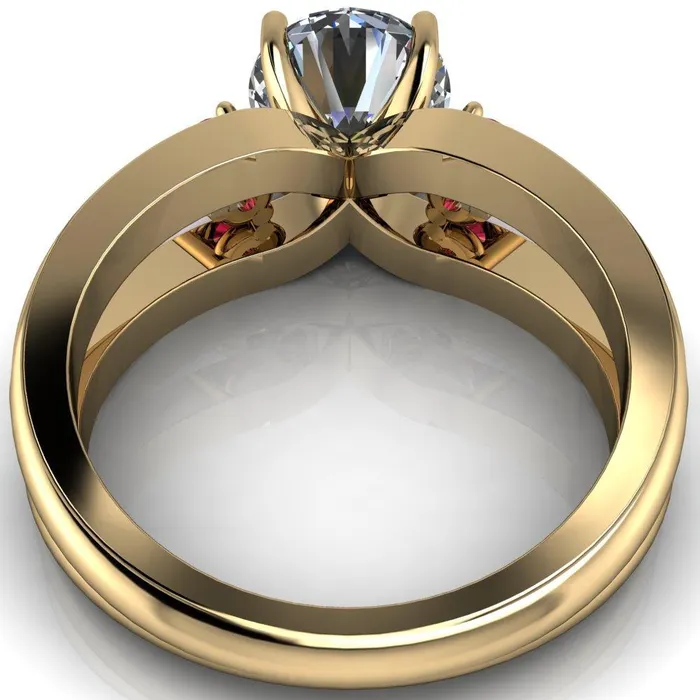 Rings Orion Round Center Stone 2 Round Ruby Sides Split Shank Diamond Channel Set Ring Fire Brilliance 
