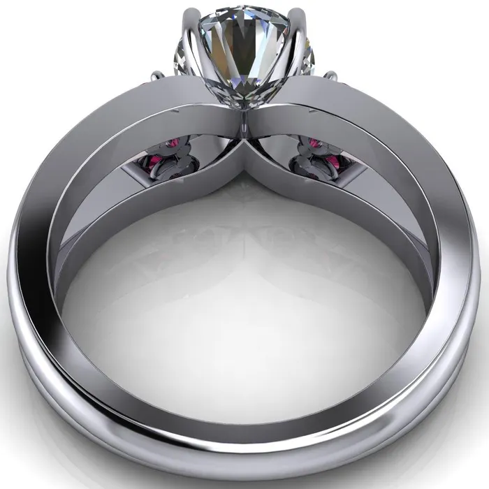 Rings Orion Round Center Stone 2 Round Ruby Sides Split Shank Diamond Channel Set Ring Fire Brilliance 