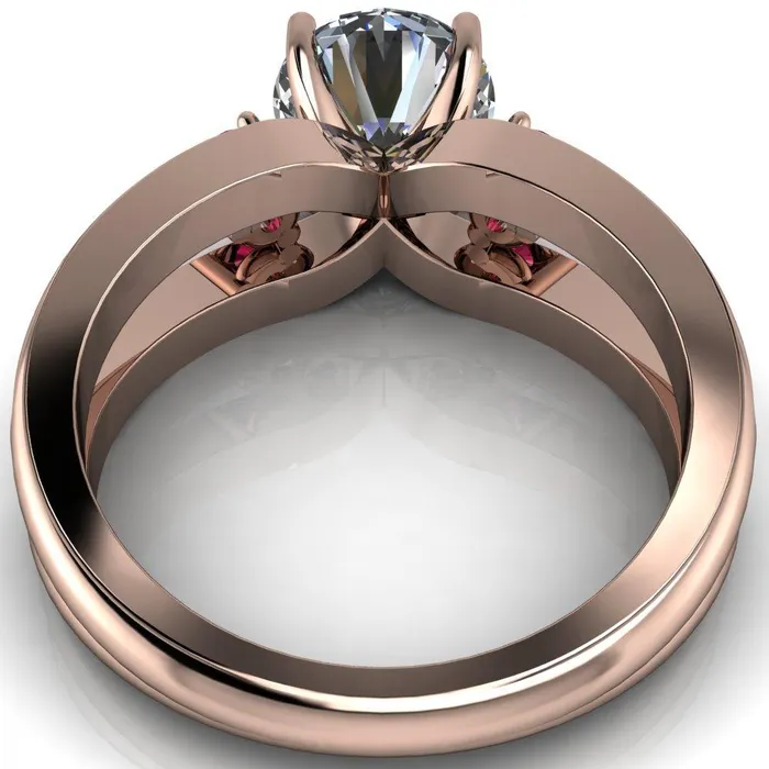 Rings Orion Round Center Stone 2 Round Ruby Sides Split Shank Diamond Channel Set Ring Fire Brilliance 