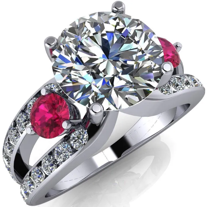 Rings Orion Round Center Stone 2 Round Ruby Sides Split Shank Diamond Channel Set Ring Fire Brilliance 