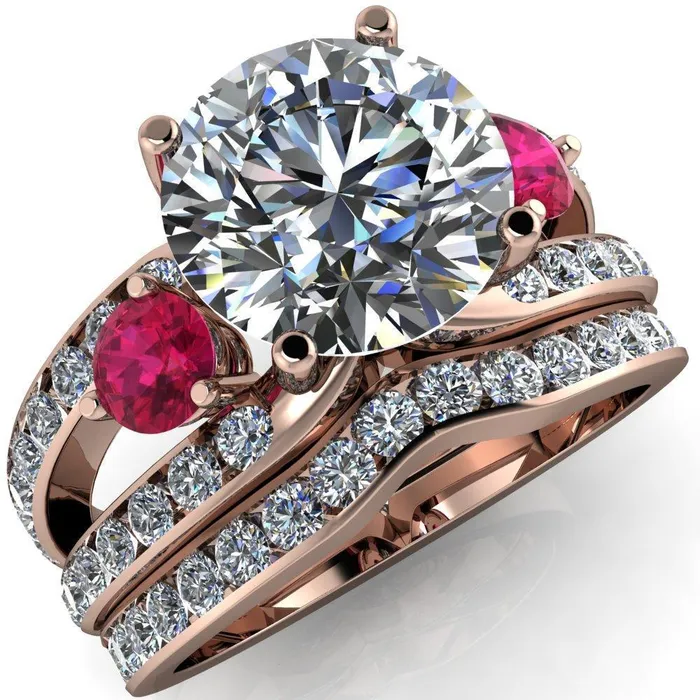 Rings Orion Round Center Stone 2 Round Ruby Sides Split Shank Diamond Channel Set Ring Fire Brilliance 