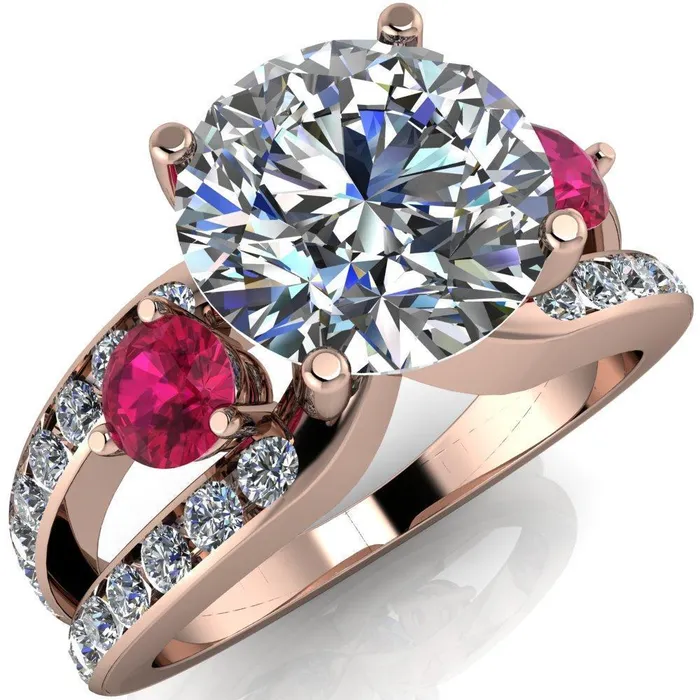 Rings Orion Round Center Stone 2 Round Ruby Sides Split Shank Diamond Channel Set Ring Fire Brilliance 
