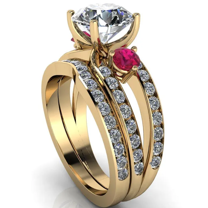 Rings Orion Round Center Stone 2 Round Ruby Sides Split Shank Diamond Channel Set Ring Fire Brilliance 