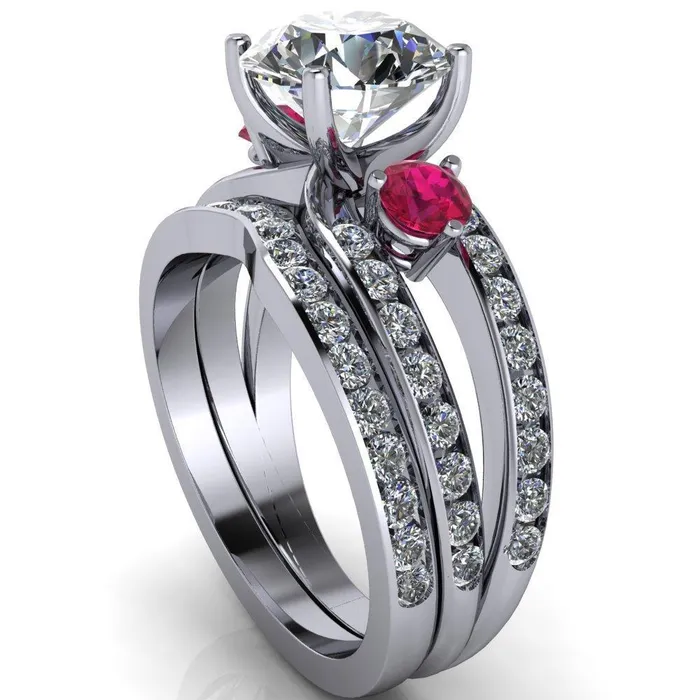 Rings Orion Round Center Stone 2 Round Ruby Sides Split Shank Diamond Channel Set Ring Fire Brilliance 