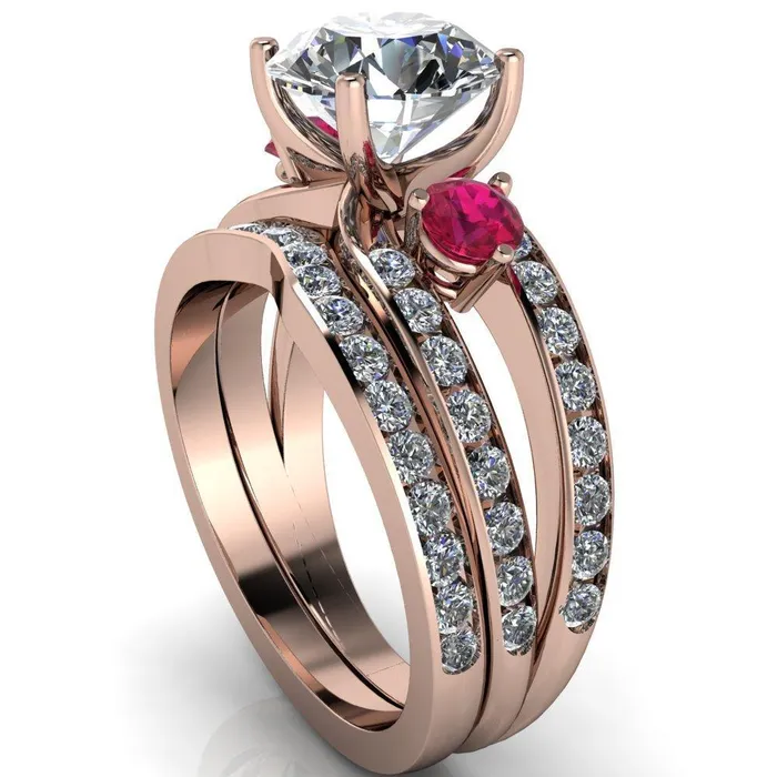 Rings Orion Round Center Stone 2 Round Ruby Sides Split Shank Diamond Channel Set Ring Fire Brilliance 