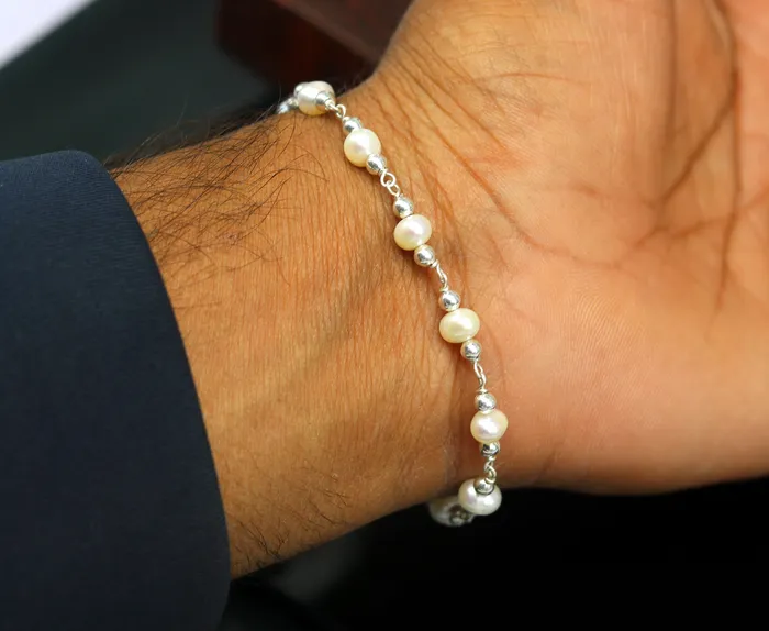 TRIBAL ORNAMENTS 75 inches 925 sterling silver handmade customized beaded bracelet awesome natural pearl unisex bracelet gifting jewelry for girls nsbr189 Bracelets