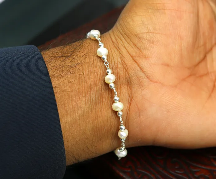 TRIBAL ORNAMENTS 75 inches 925 sterling silver handmade customized beaded bracelet awesome natural pearl unisex bracelet gifting jewelry for girls nsbr189 Bracelets