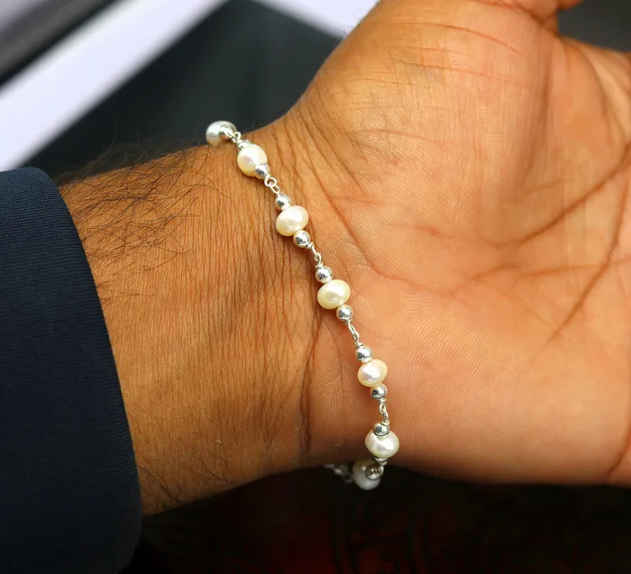 TRIBAL ORNAMENTS 75 inches 925 sterling silver handmade customized beaded bracelet awesome natural pearl unisex bracelet gifting jewelry for girls nsbr189 Bracelets