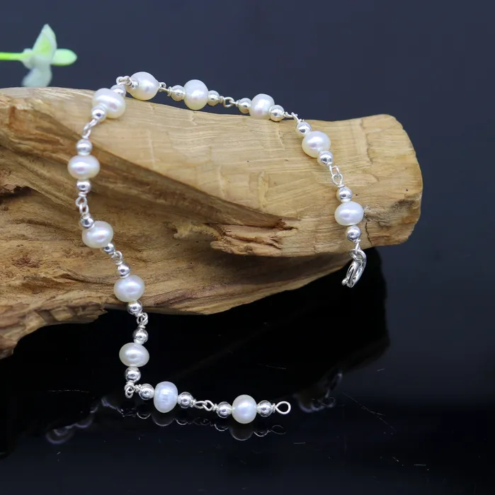 TRIBAL ORNAMENTS 75 inches 925 sterling silver handmade customized beaded bracelet awesome natural pearl unisex bracelet gifting jewelry for girls nsbr189 Bracelets