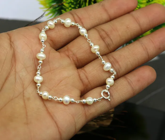 TRIBAL ORNAMENTS 75 inches 925 sterling silver handmade customized beaded bracelet awesome natural pearl unisex bracelet gifting jewelry for girls nsbr189 Bracelets