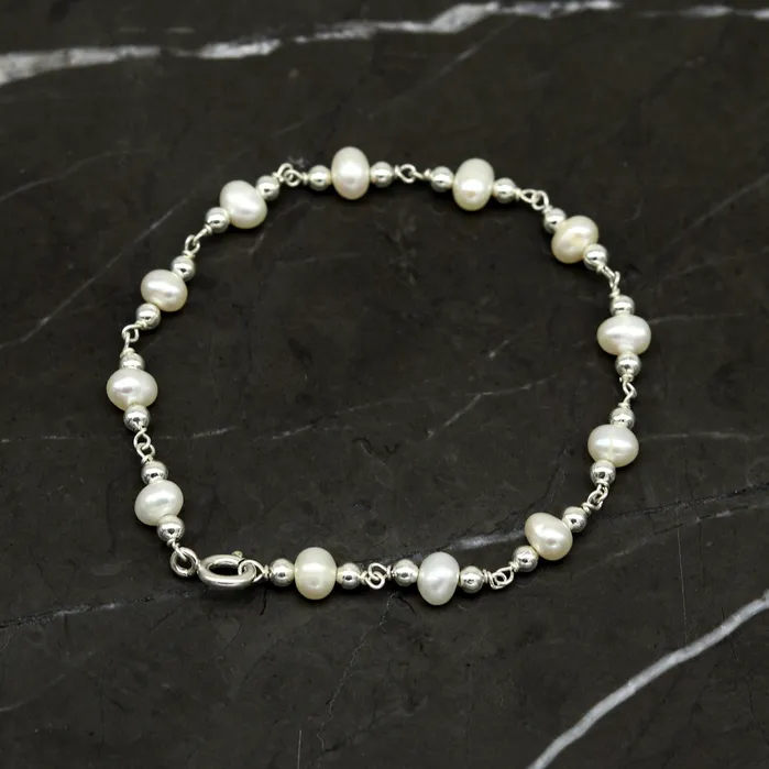 TRIBAL ORNAMENTS 75 inches 925 sterling silver handmade customized beaded bracelet awesome natural pearl unisex bracelet gifting jewelry for girls nsbr189 Bracelets
