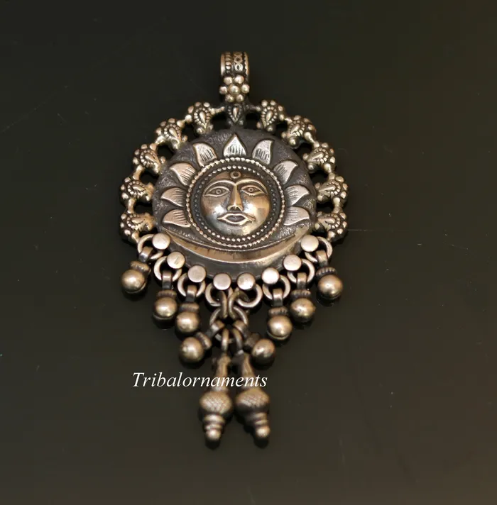 TRIBAL ORNAMENTS 925 solid sterling silver handmade amazing sun face design customized tribal pendant necklace with fabulous hanging bells jewelry nsp362 Necklaces