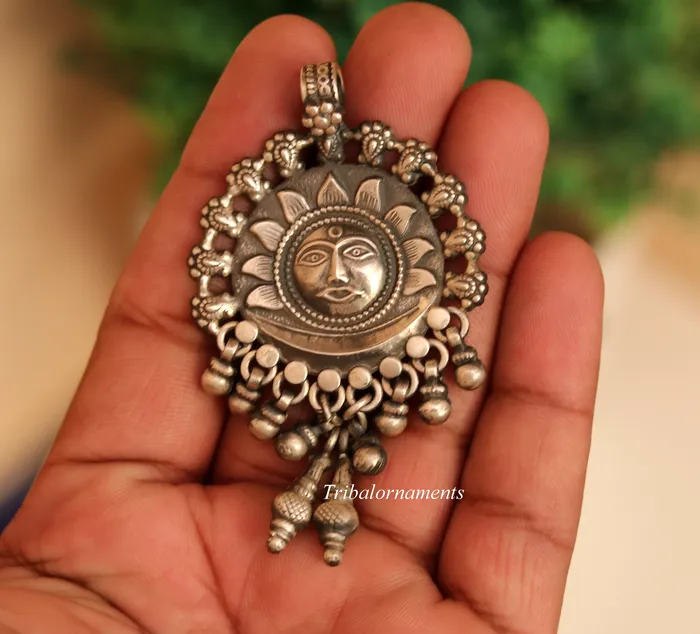 TRIBAL ORNAMENTS 925 solid sterling silver handmade amazing sun face design customized tribal pendant necklace with fabulous hanging bells jewelry nsp362 Necklaces
