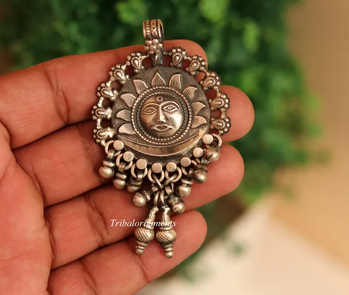 TRIBAL ORNAMENTS 925 solid sterling silver handmade amazing sun face design customized tribal pendant necklace with fabulous hanging bells jewelry nsp362 Necklaces