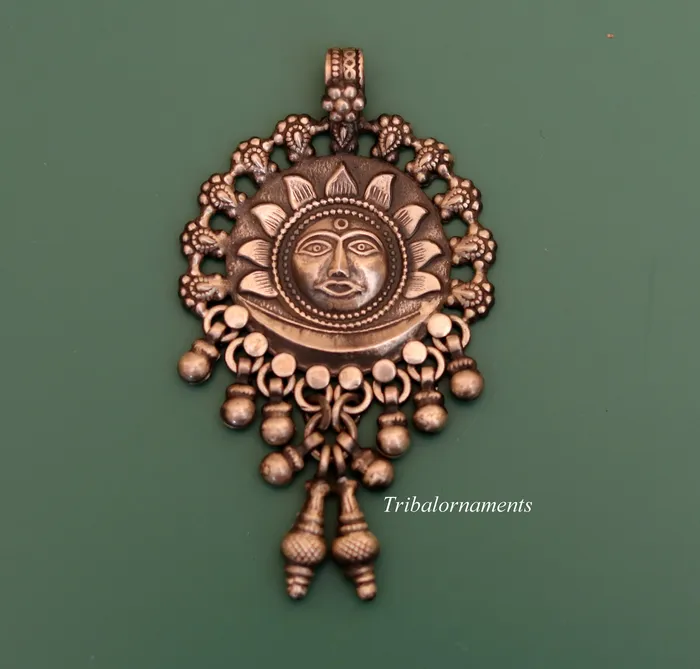 TRIBAL ORNAMENTS 925 solid sterling silver handmade amazing sun face design customized tribal pendant necklace with fabulous hanging bells jewelry nsp362 Necklaces