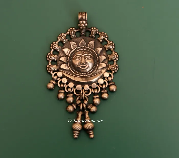 TRIBAL ORNAMENTS 925 solid sterling silver handmade amazing sun face design customized tribal pendant necklace with fabulous hanging bells jewelry nsp362 Necklaces