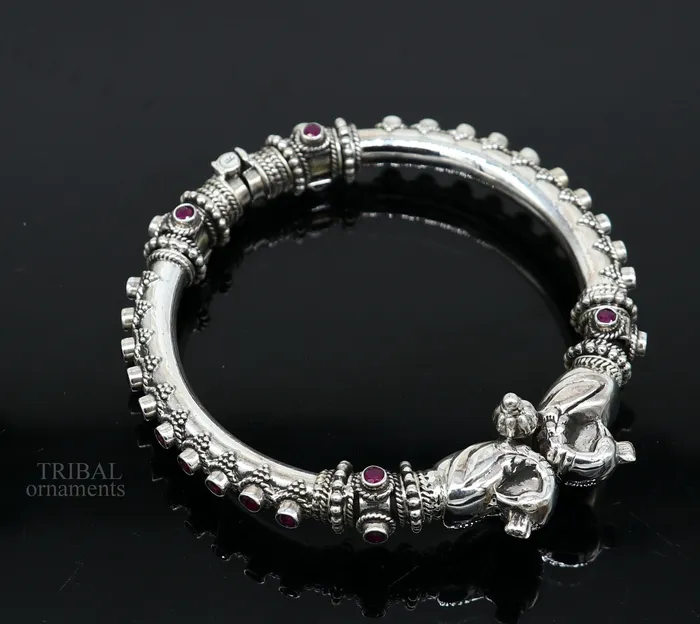 TRIBAL ORNAMENTS Bracelets 925 Sterling silver handmade vintage peacock design garnet stone studded tribal ethnic belly dance bangle bracelet gifting kada nsk438 TRIBAL ORNAMENTS Bracelets 925 Sterling silver handmade vintage peacock design garnet stone studded tribal ethnic belly dance bangle bracelet gifting kada nsk438