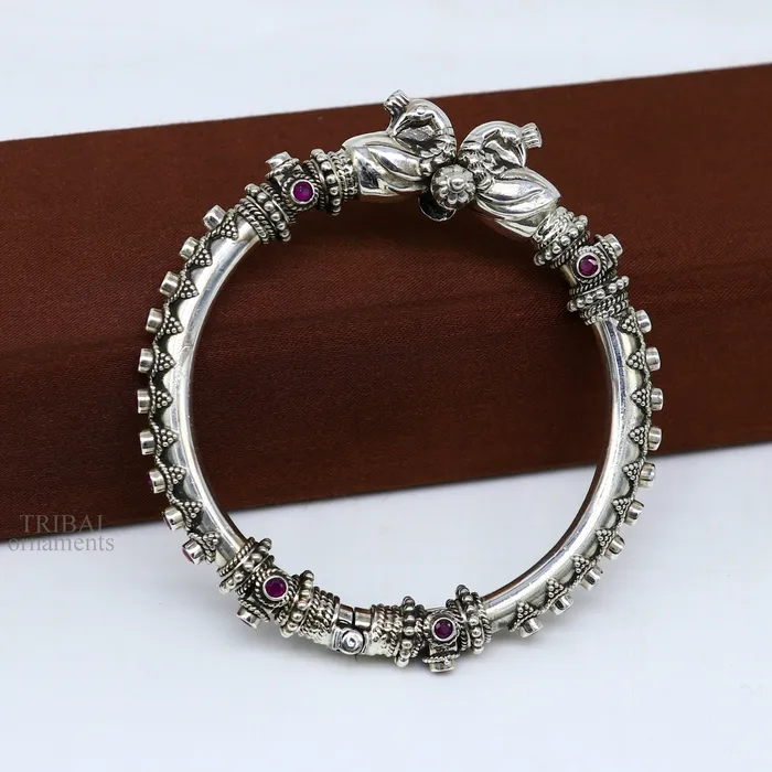 TRIBAL ORNAMENTS Bracelets 925 Sterling silver handmade vintage peacock design garnet stone studded tribal ethnic belly dance bangle bracelet gifting kada nsk438
