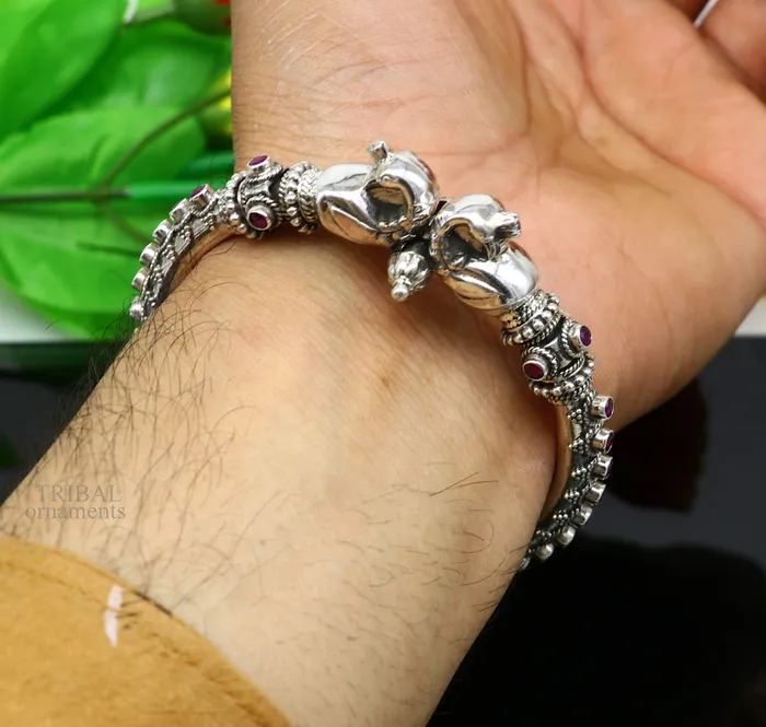 TRIBAL ORNAMENTS Bracelets 925 Sterling silver handmade vintage peacock design garnet stone studded tribal ethnic belly dance bangle bracelet gifting kada nsk438
