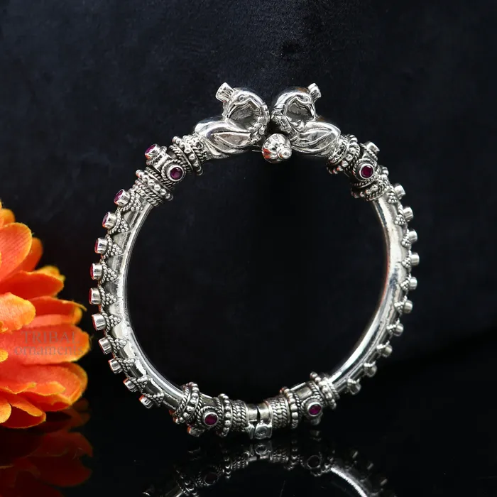 TRIBAL ORNAMENTS Bracelets 925 Sterling silver handmade vintage peacock design garnet stone studded tribal ethnic belly dance bangle bracelet gifting kada nsk438