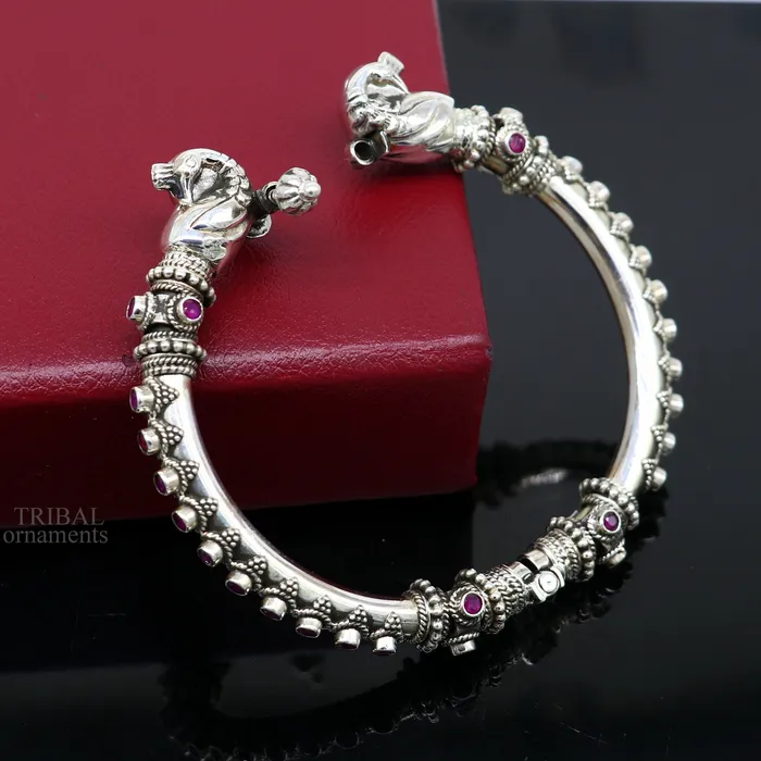 TRIBAL ORNAMENTS Bracelets 925 Sterling silver handmade vintage peacock design garnet stone studded tribal ethnic belly dance bangle bracelet gifting kada nsk438