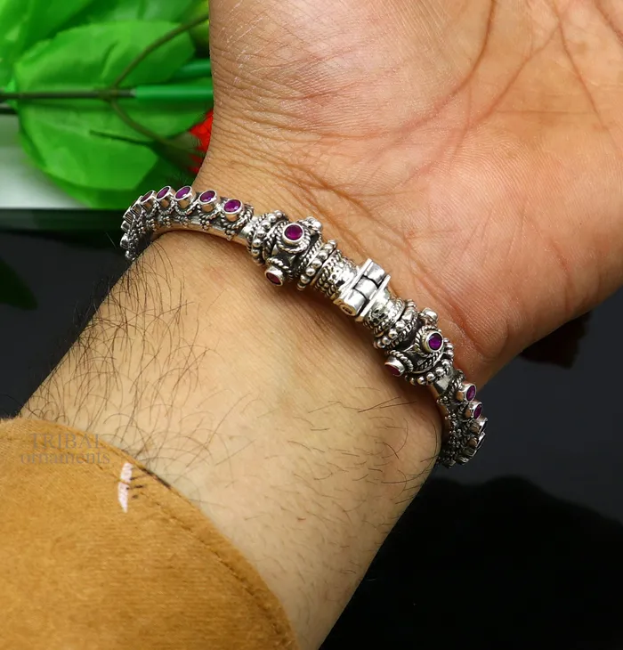 TRIBAL ORNAMENTS Bracelets 925 Sterling silver handmade vintage peacock design garnet stone studded tribal ethnic belly dance bangle bracelet gifting kada nsk438